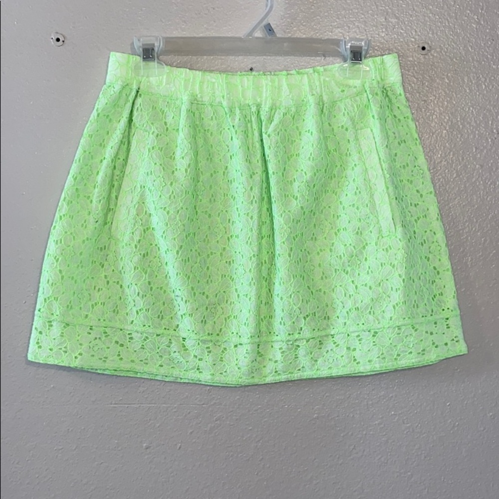 J.Crew neon green floral patterned skirt.